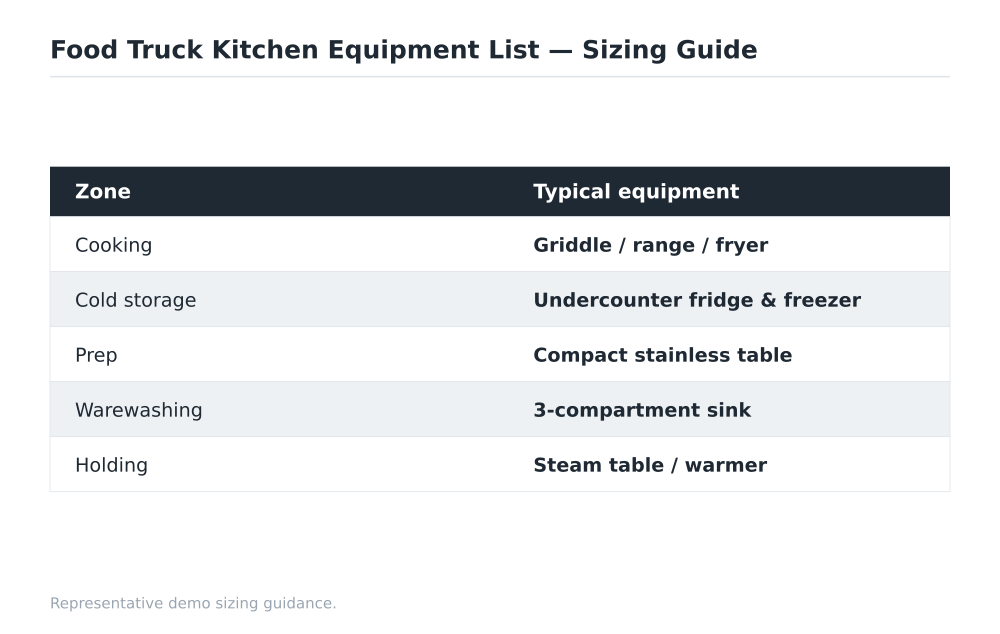 Food Truck Kitchen Equipment List sizing guide