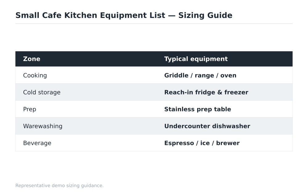 Small Cafe Kitchen Equipment List sizing guide